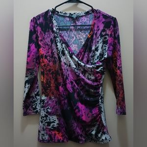 PREMISE PURPLE ORANGE TIE DYE SEXY STRETCH FAUX WRAP TOP EUC SZ S